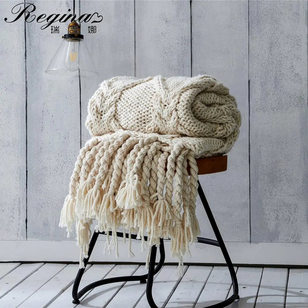 REGINA Chunky Knit Blanket Beige Soft Tassel Plaid Weight Blankets for Bed