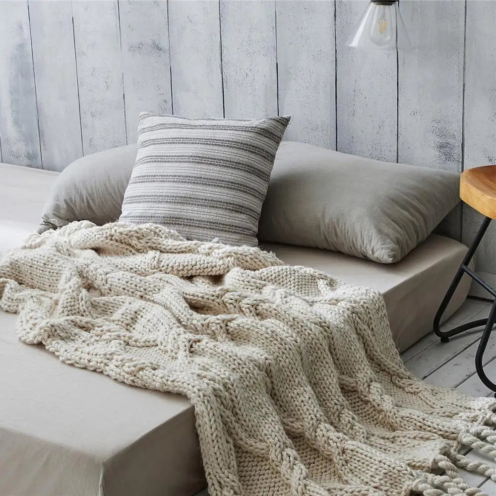 REGINA Chunky Knit Blanket Beige Soft Tassel Plaid Weight Blankets for Bed