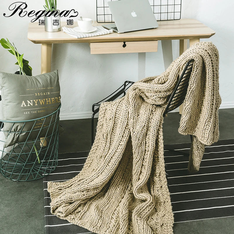 REGINA Chunky Knit Blanket Beige Soft Tassel Plaid Weight Blankets for Bed