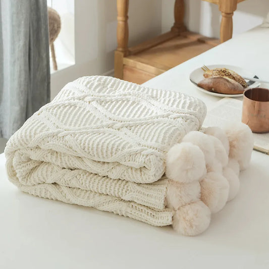 Blanket Chic Knitted Blanket With Balls Chenille Crochet Warm