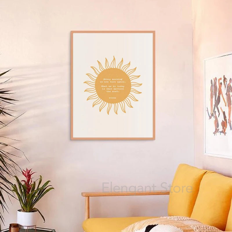 Beige Meditating Buddha Line Art Print Boho Wall Pictures Zen Spiritual Poster