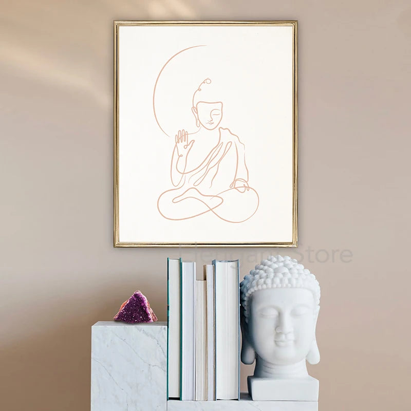 Beige Meditating Buddha Line Art Print Boho Wall Pictures Zen Spiritual Poster