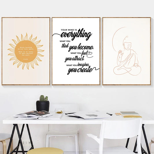 Beige Meditating Buddha Line Art Print Boho Wall Pictures Zen Spiritual Poster